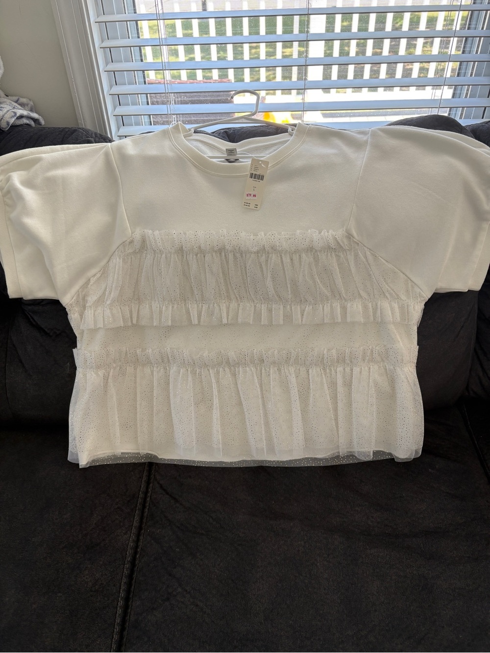 Maeve White Short Sleeve Tulle Ruffle Sweatshirt - Picture 5 of 5